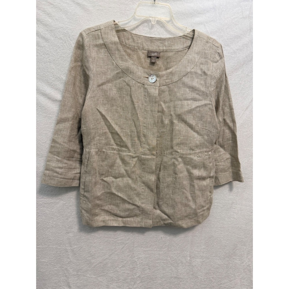 J. Jill Womens Tan Linen Metallic Lurex Shimmer Jacket Scoop Neck Size M